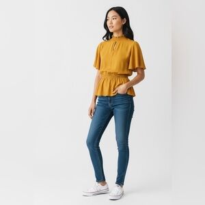 California Grown Mustard Smocked Peplum Blouse – Size 8